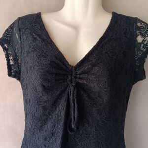 Y2K SZ XL Black Lace Ruched Bustier Top Cropped Vibe Sportswear Goth Romantic